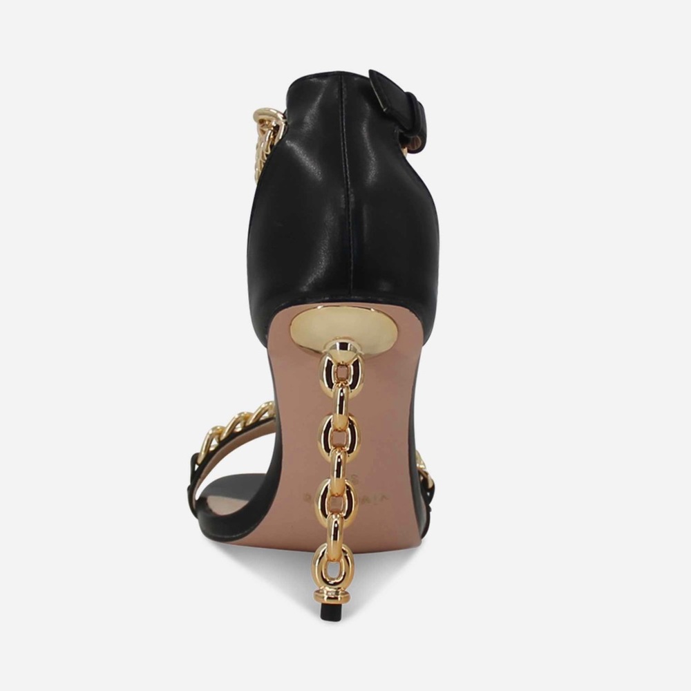 Women’s Ankle Strap Gold Chain Detail High Heel Sandal in Black Faux Leather - Picture 5 of 16